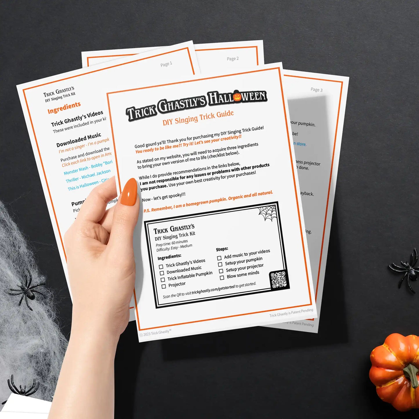 How to set up your singing pumpkin Halloween and Christmas decoration guide printout - Trick Ghastly setup guide
