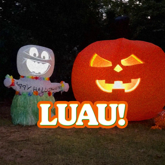 An Inflatable Mummy and Pumpkin have a Luau Lion King Style