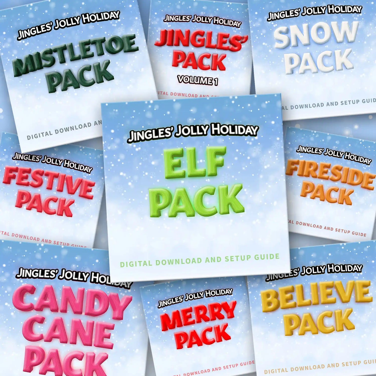 Jingles the singing snowman inflatable christmas expansion pack covers stacked on top of one another in a pack cover collage