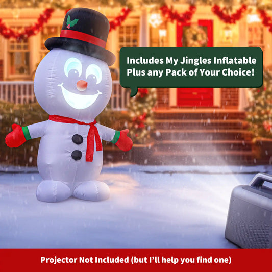 Jingles singing snowman setup in a snowy yard — projector placement for the singing inflatable show