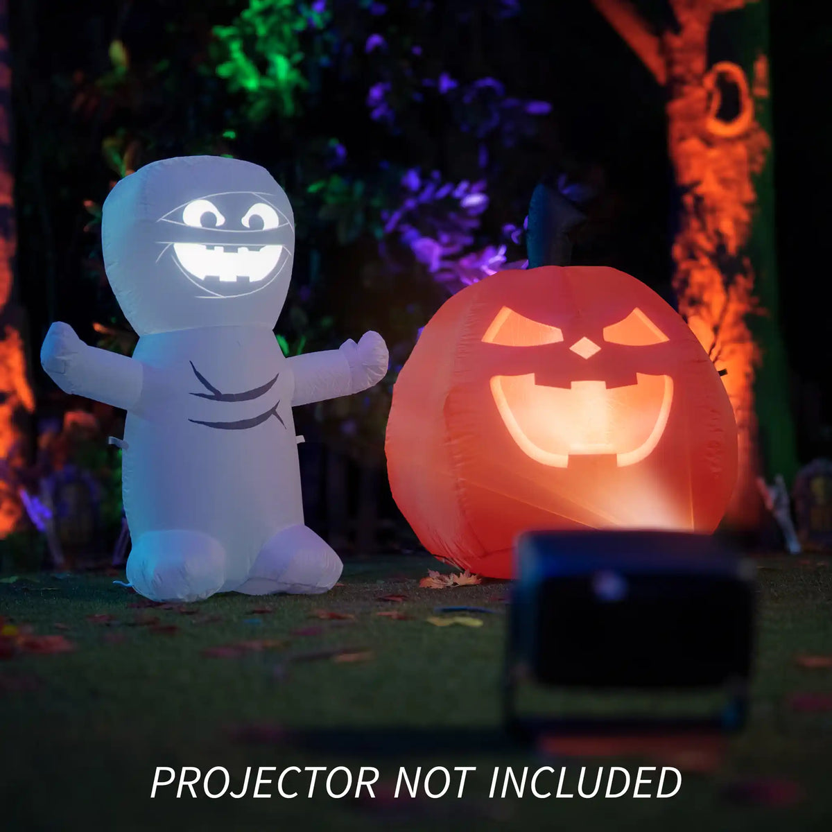Official Trick Ghastly inflatable glowing in a yard at night